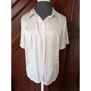 Susan Graver Womens Beige Short Sleeve Button-Up Blouse S Lightweight